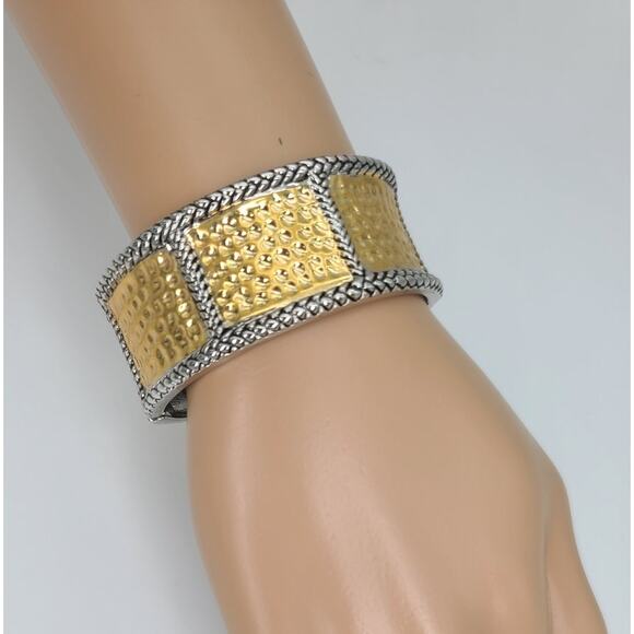 Vintage Premier Designs Mixed Metal Gold & Silver Hammered Hinged Cuff Bracelet - Picture 3 of 8